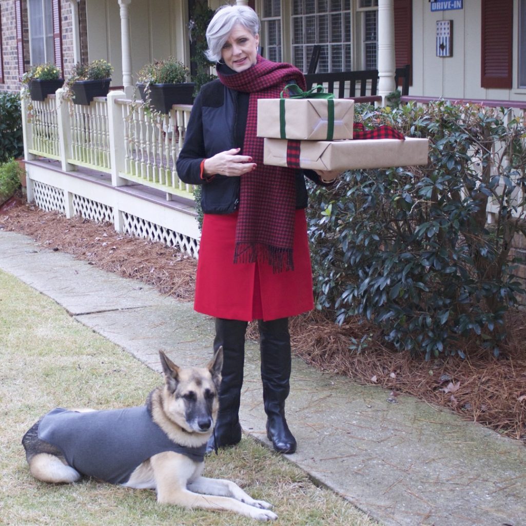 talbots red skirt, talbots cashmere crewneck, ralph lauren puffer vest, over the knee boots
