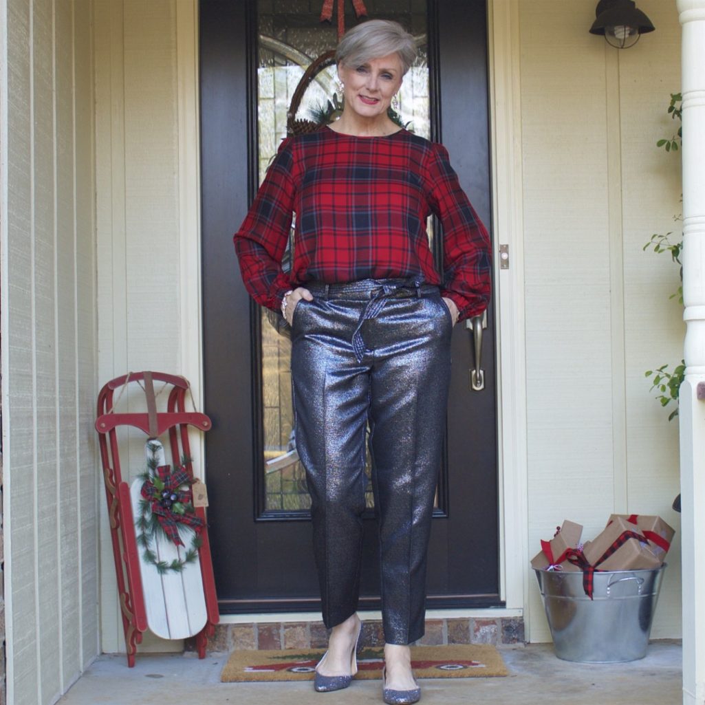 loft plaid blouse, loft gliz 'n glam pants