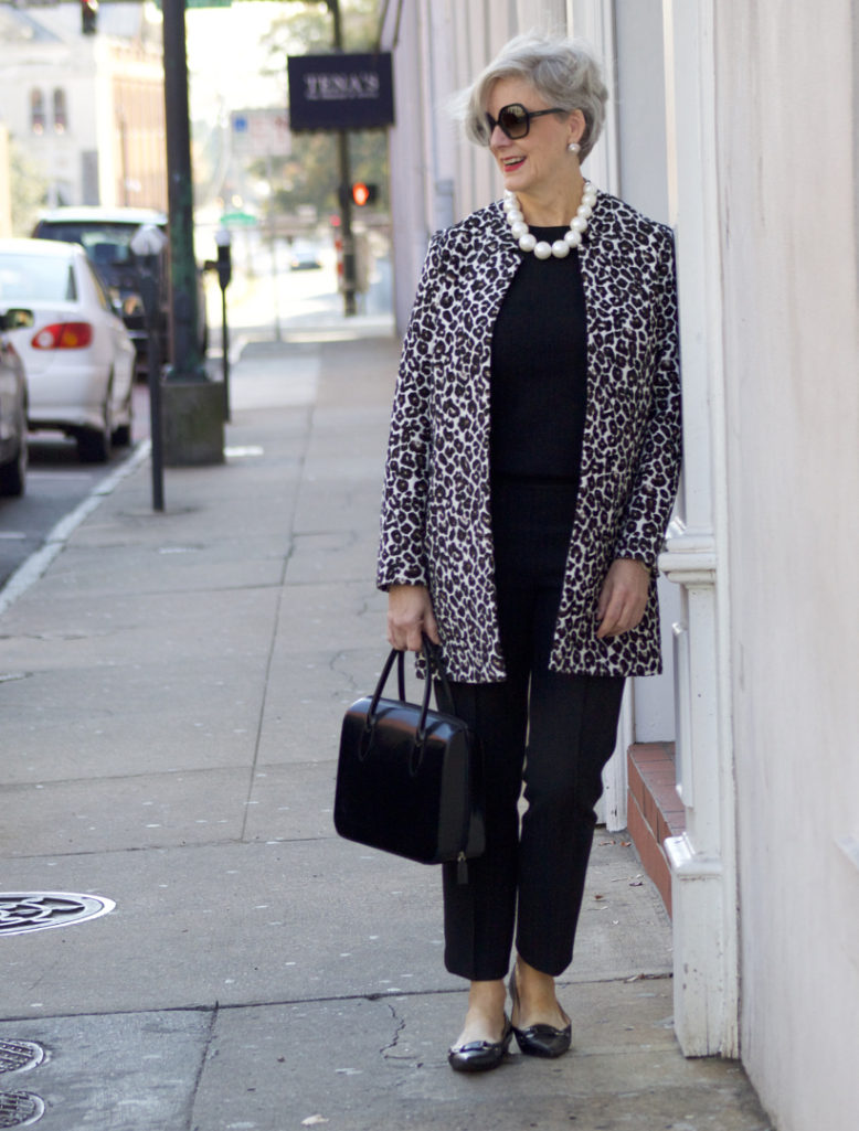 dorothy perkins leopard coat, ann taylor black pants, black cashmere sweater, j.crew pointy toe flats