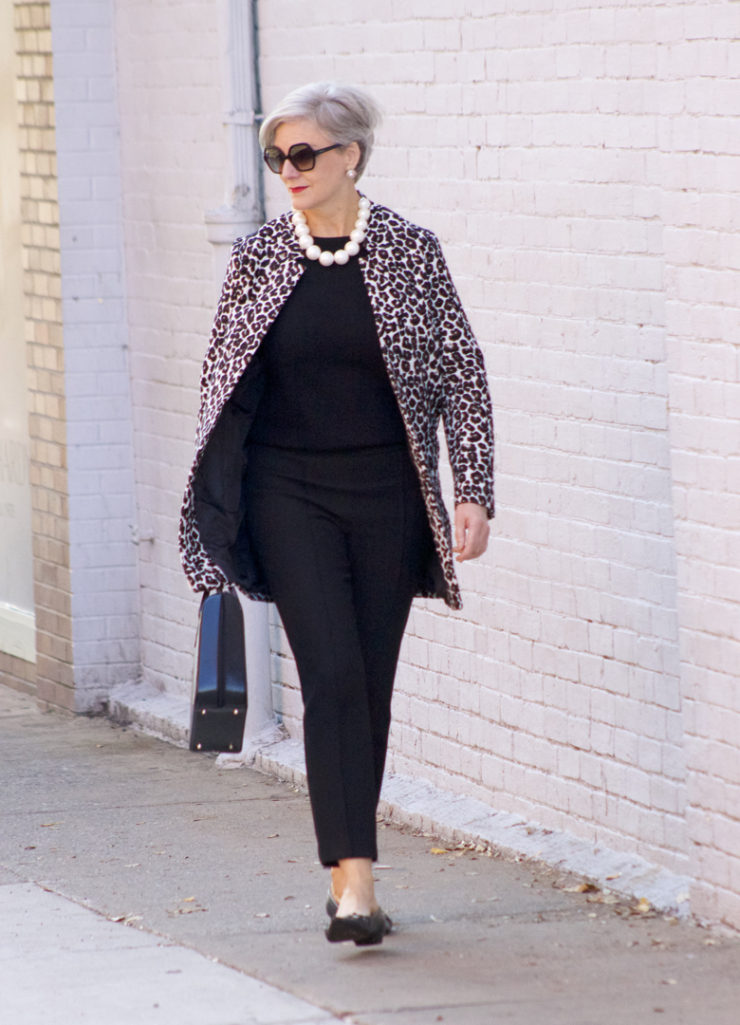 dorothy perkins leopard coat, ann taylor black pants, black cashmere sweater, j.crew pointy toe flats
