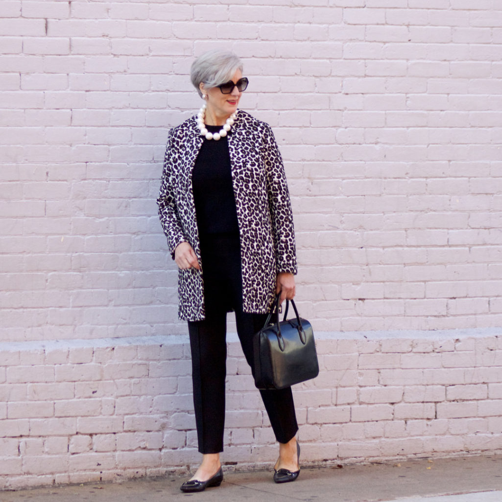 dorothy perkins leopard coat, ann taylor black pants, black cashmere sweater, j.crew pointy toe flats