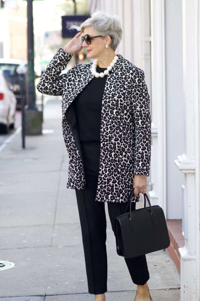 dorothy perkins leopard coat, ann taylor black pants, black cashmere sweater, j.crew pointy toe flats