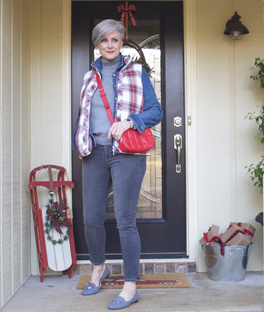 talbots puffer vest, old navy jean jacket, old navy rockstar jeans