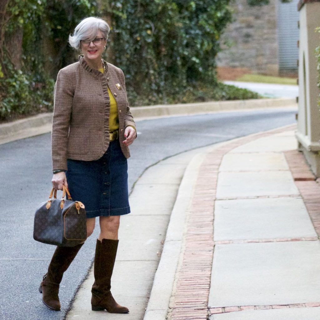 talbots check blazer, talbots denim skirt, j.crew cashmer sweater, j.crew suede boots