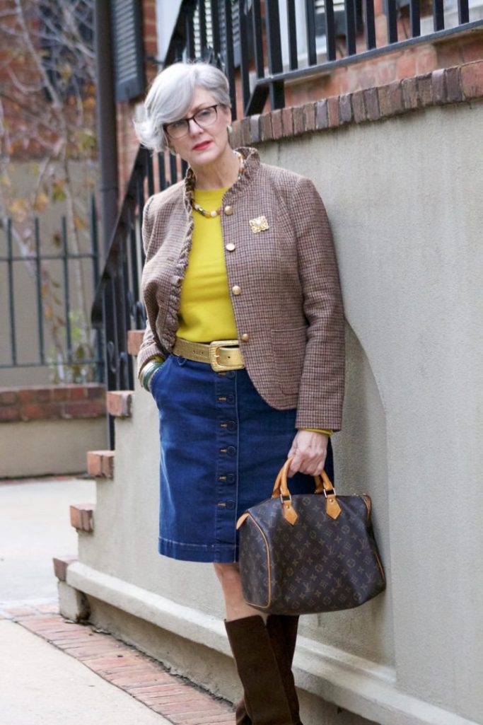 talbots check blazer, talbots denim skirt, j.crew cashmer sweater, j.crew suede boots