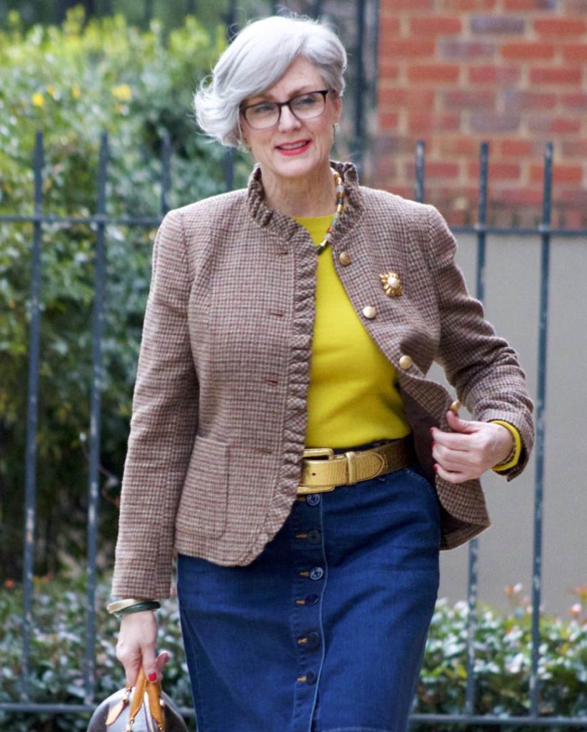 talbots check blazer, talbots denim skirt, j.crew cashmer sweater, j.crew suede boots