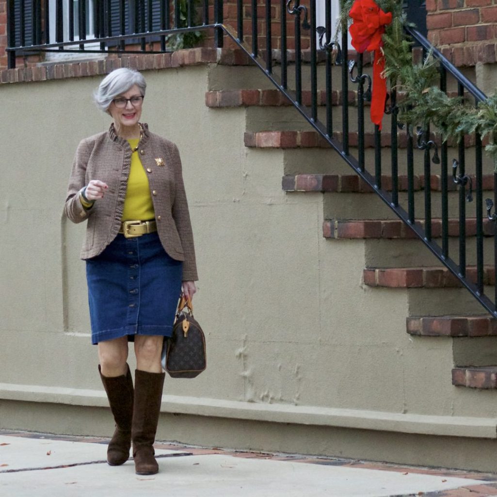 talbots check blazer, talbots denim skirt, j.crew cashmer sweater, j.crew suede boots