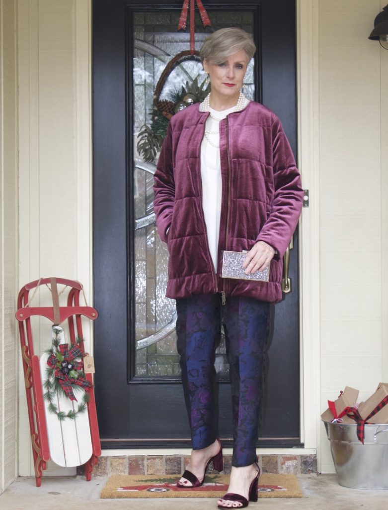 target velvet bomber, talbots brocade pants, ivanka trump velvet sandals