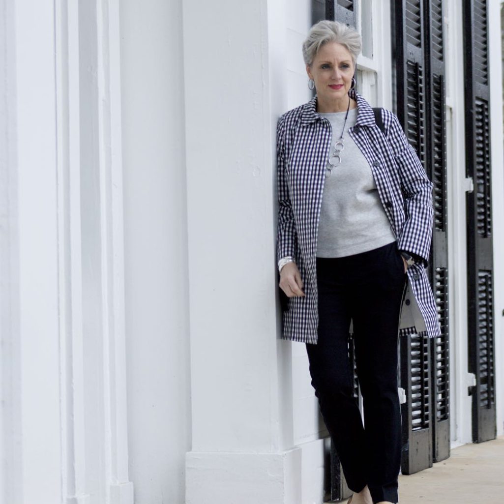 talbots gingham raincoat, ann taylor track pants and ribbon sweatshirt