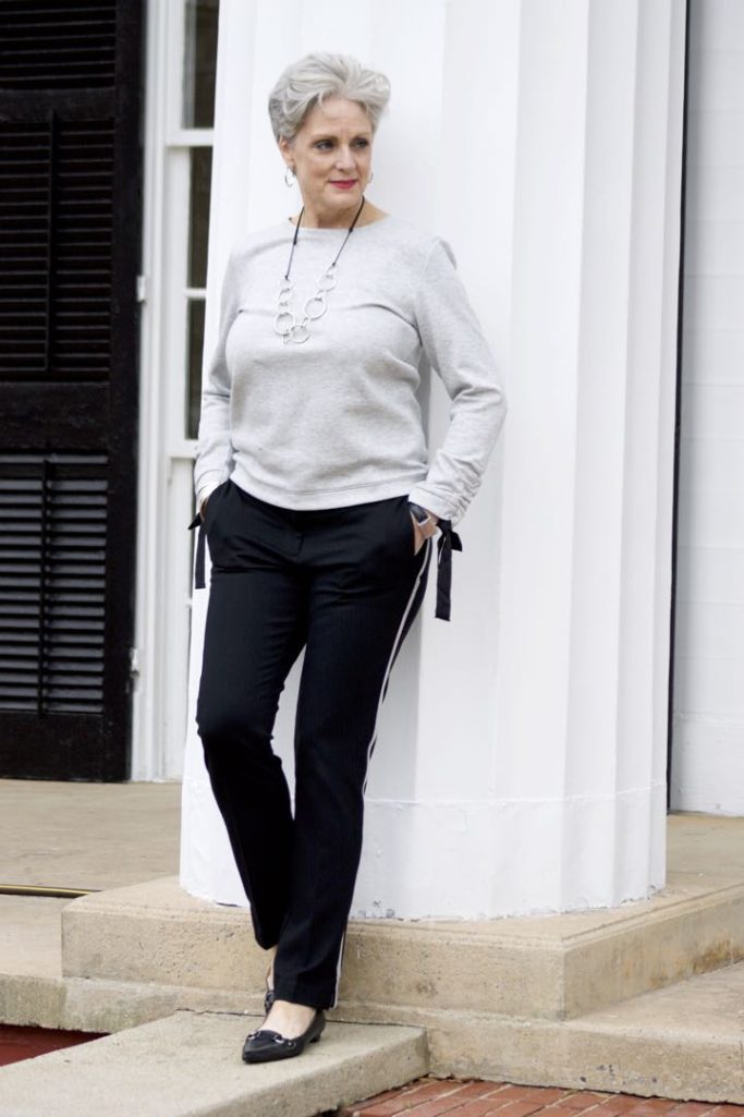 talbots gingham raincoat, ann taylor track pants and ribbon sweatshirt