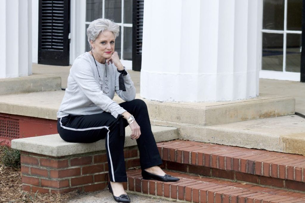 talbots gingham raincoat, ann taylor track pants and ribbon sweatshirt