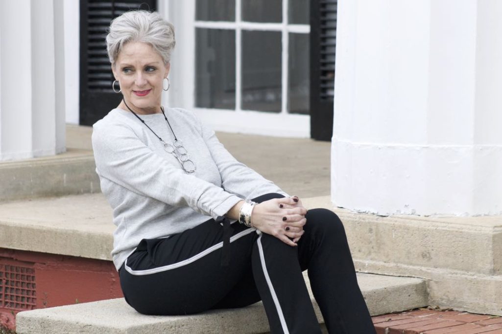 talbots gingham raincoat, ann taylor track pants and ribbon sweatshirt