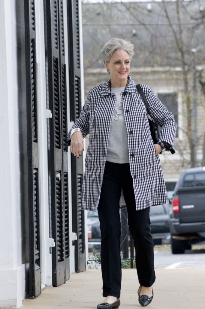 talbots gingham raincoat, ann taylor track pants and ribbon sweatshirt