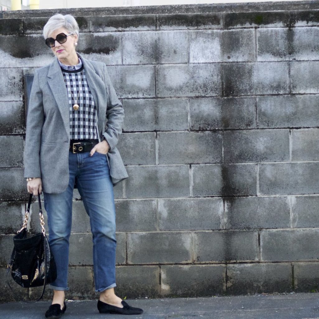 a new day blazer, j.crew cashmere vest, j.crew striped shirt, banana republic denim, michael kors handbag, tahari smoking slippers