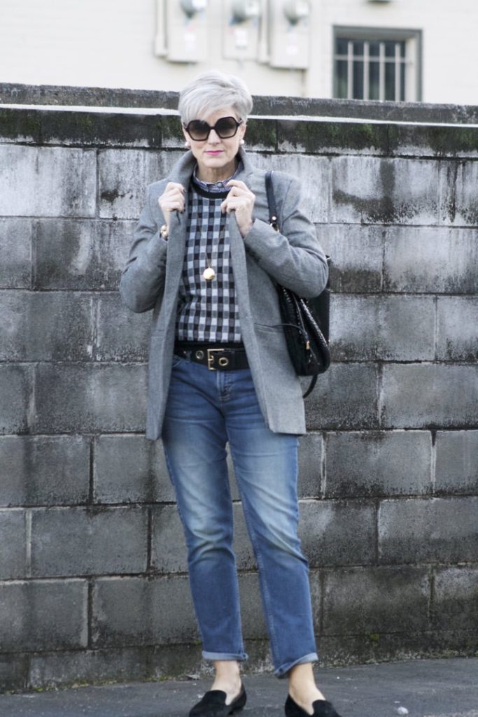 a new day blazer, j.crew cashmere vest, j.crew striped shirt, banana republic denim, michael kors handbag, tahari smoking slippers
