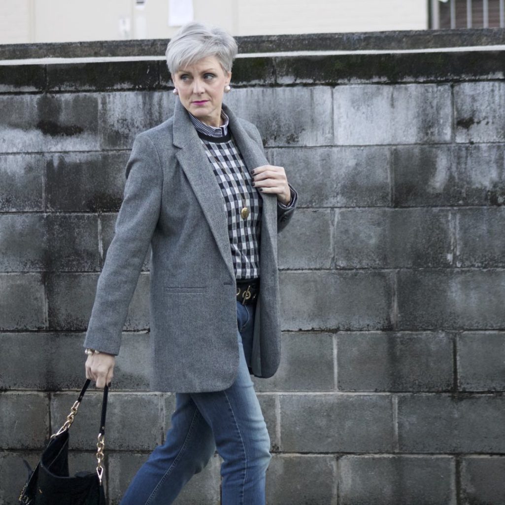 a new day blazer, j.crew cashmere vest, j.crew striped shirt, banana republic denim, michael kors handbag, tahari smoking slippers