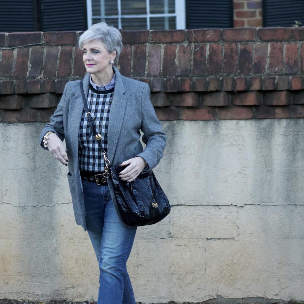 a new day blazer, j.crew cashmere vest, j.crew striped shirt, banana republic denim, michael kors handbag, tahari smoking slippers