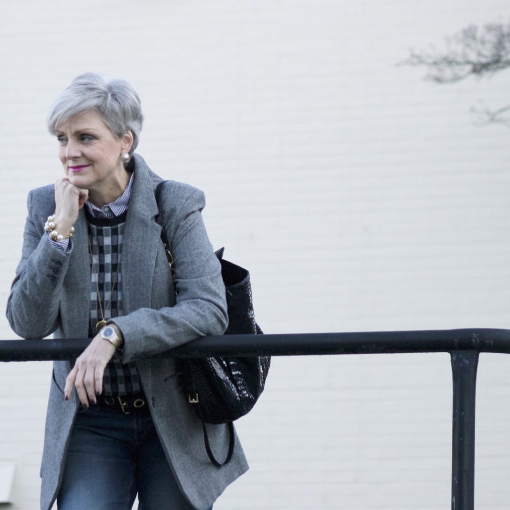 a new day blazer, j.crew cashmere vest, j.crew striped shirt, banana republic denim, michael kors handbag, tahari smoking slippers