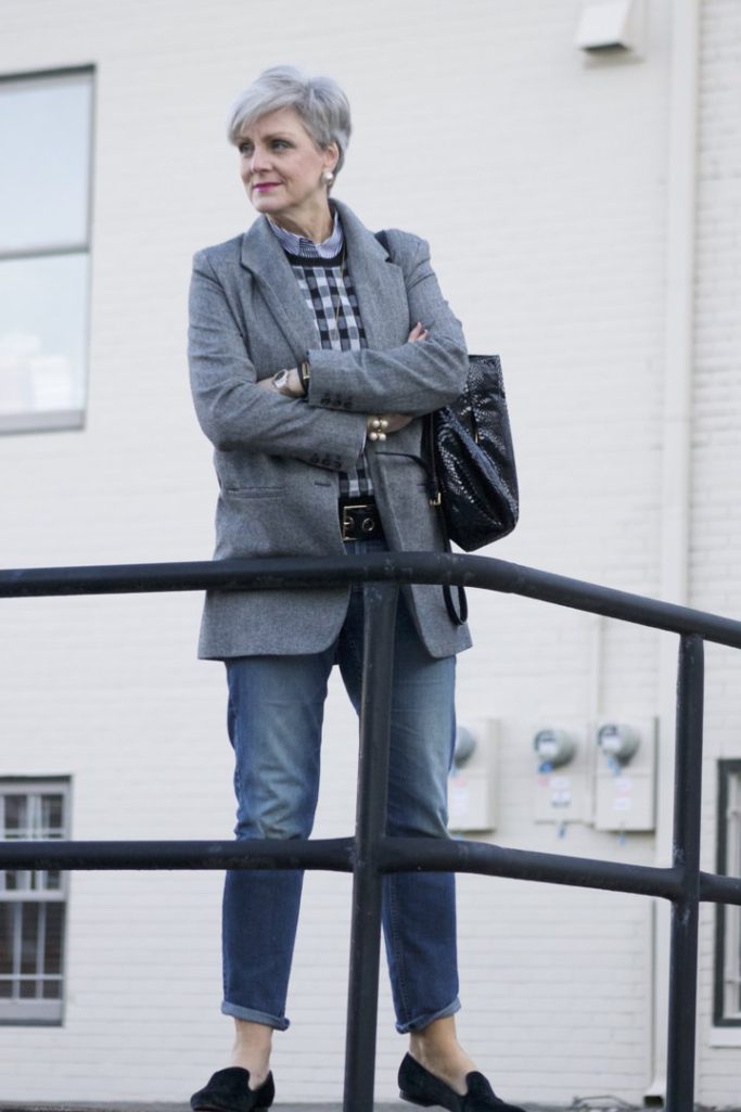 a new day blazer, j.crew cashmere vest, j.crew striped shirt, banana republic denim, michael kors handbag, tahari smoking slippers