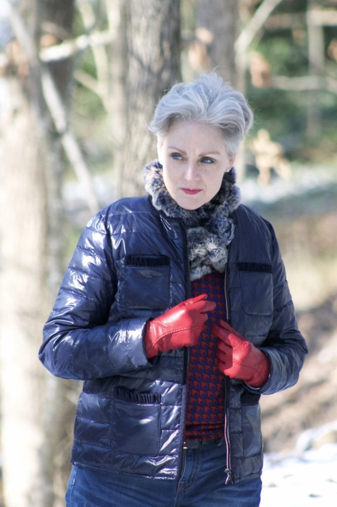 talbots puffer jacket, j.crew boyfriend jeans, hunter boots