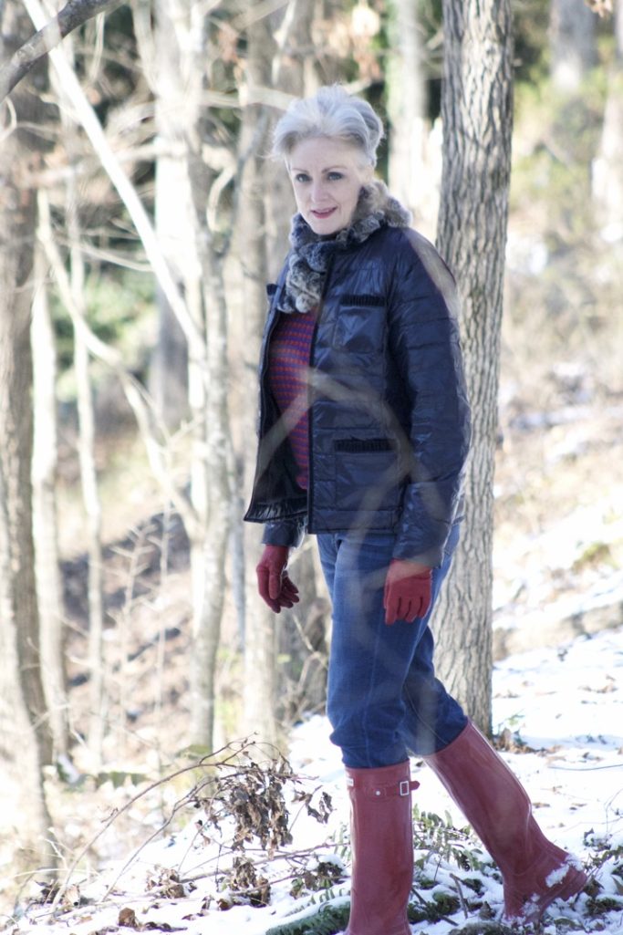 talbots puffer jacket, j.crew boyfriend jeans, hunter boots