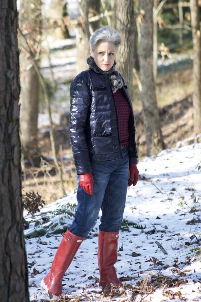 talbots puffer jacket, j.crew boyfriend jeans, hunter boots