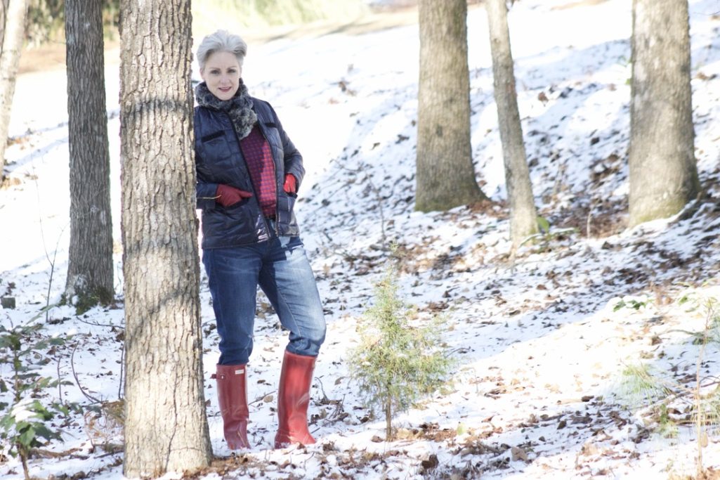 talbots puffer jacket, j.crew boyfriend jeans, hunter boots