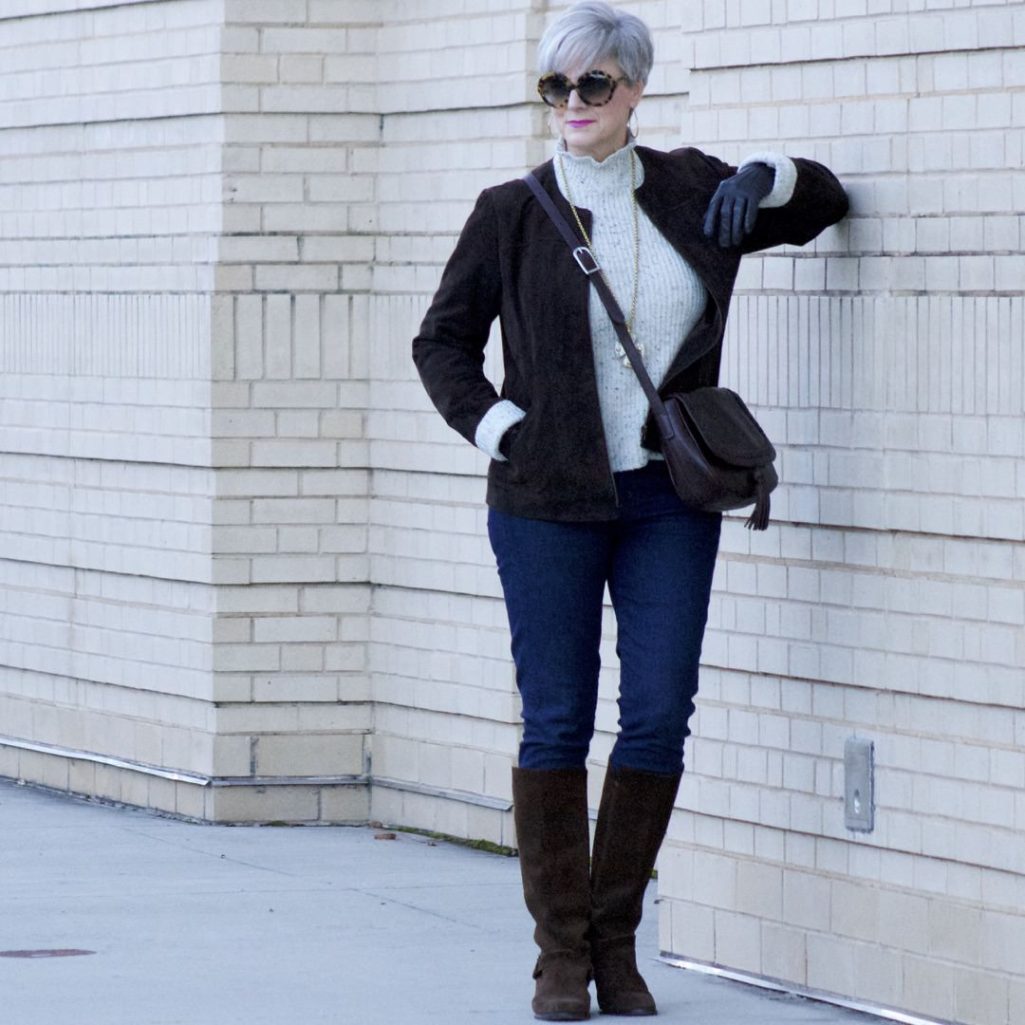 suede jacket, joie sweater, j.crew suede boots, flap crossbody bag