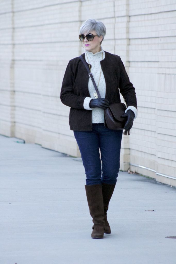 suede jacket, joie sweater, j.crew suede boots, flap crossbody bag