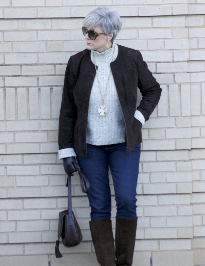 suede jacket, joie sweater, j.crew suede boots, flap crossbody bag