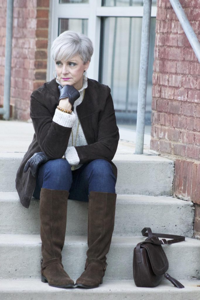 suede jacket, joie sweater, j.crew suede boots, flap crossbody bag