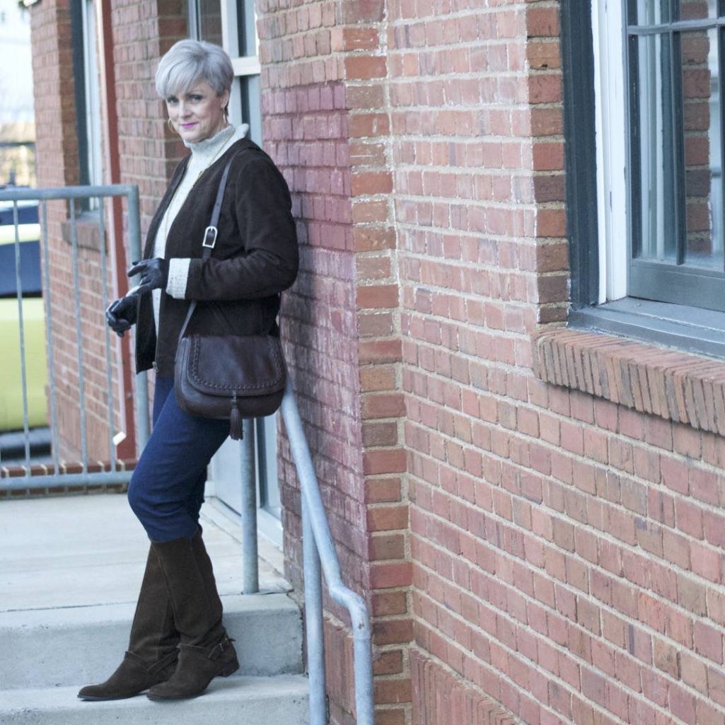 suede jacket, joie sweater, j.crew suede boots, flap crossbody bag