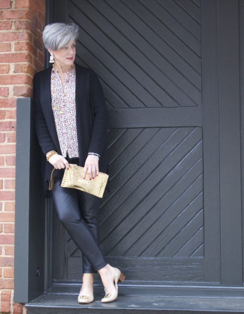 faux leather leggings, silk blouse and fring cardigan by style at a certain age