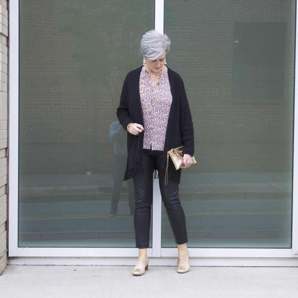 faux leather leggings, silk blouse and fring cardigan by style at a certain age