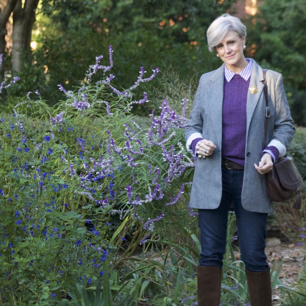 a new day blazer, cable sweater, suede boots and skinny jeans