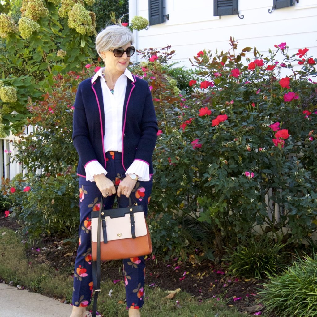 boden floral pants with sweater blazer