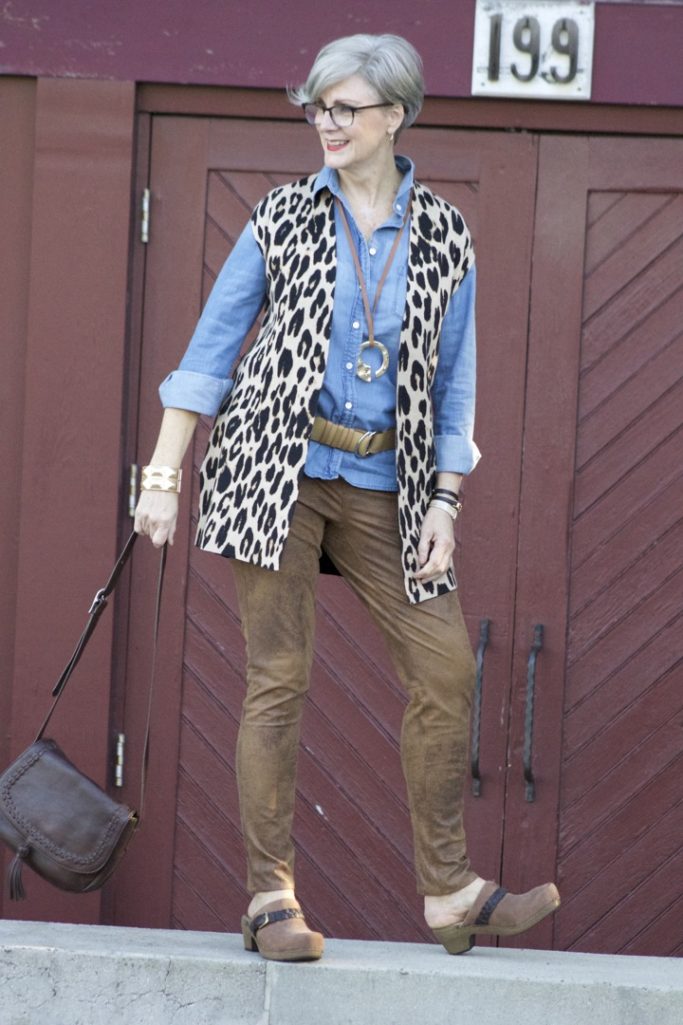 chico's leopard vest, faux leather leggings, denim shirt