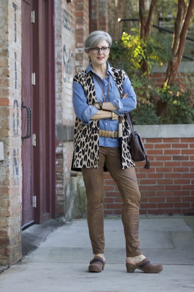 chico's leopard vest, faux leather leggings, denim shirt