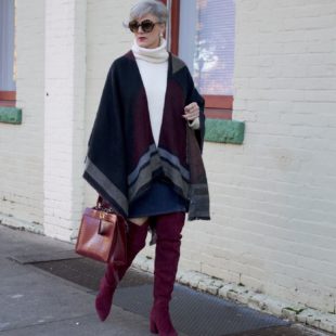 suede over the knee boots, denim skirt, chunky sweater