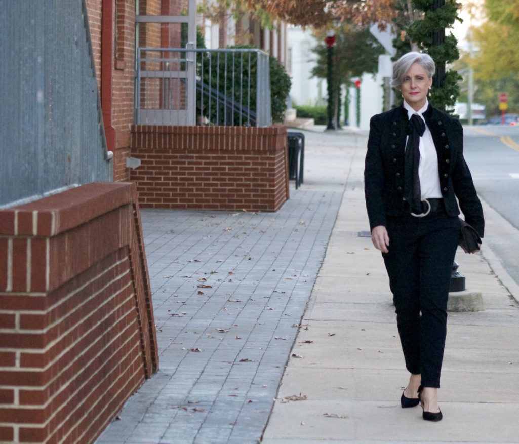 ralph lauren velvet military blazer, ralph lauren bow tie blouse, nydj, talbots suede pumps