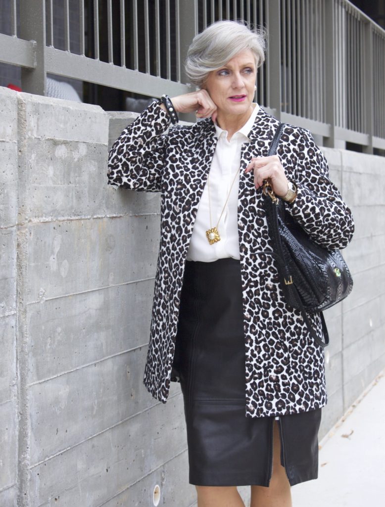 leopard topper, talbots leather skirt, michael kors hobo handbag
