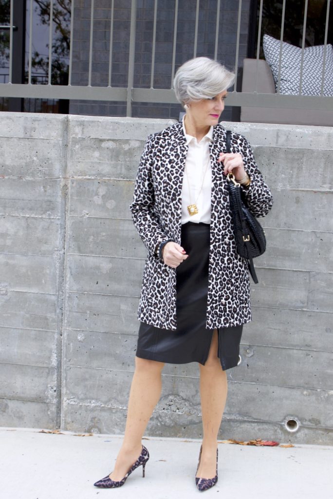 leopard topper, talbots leather skirt, michael kors hobo handbag