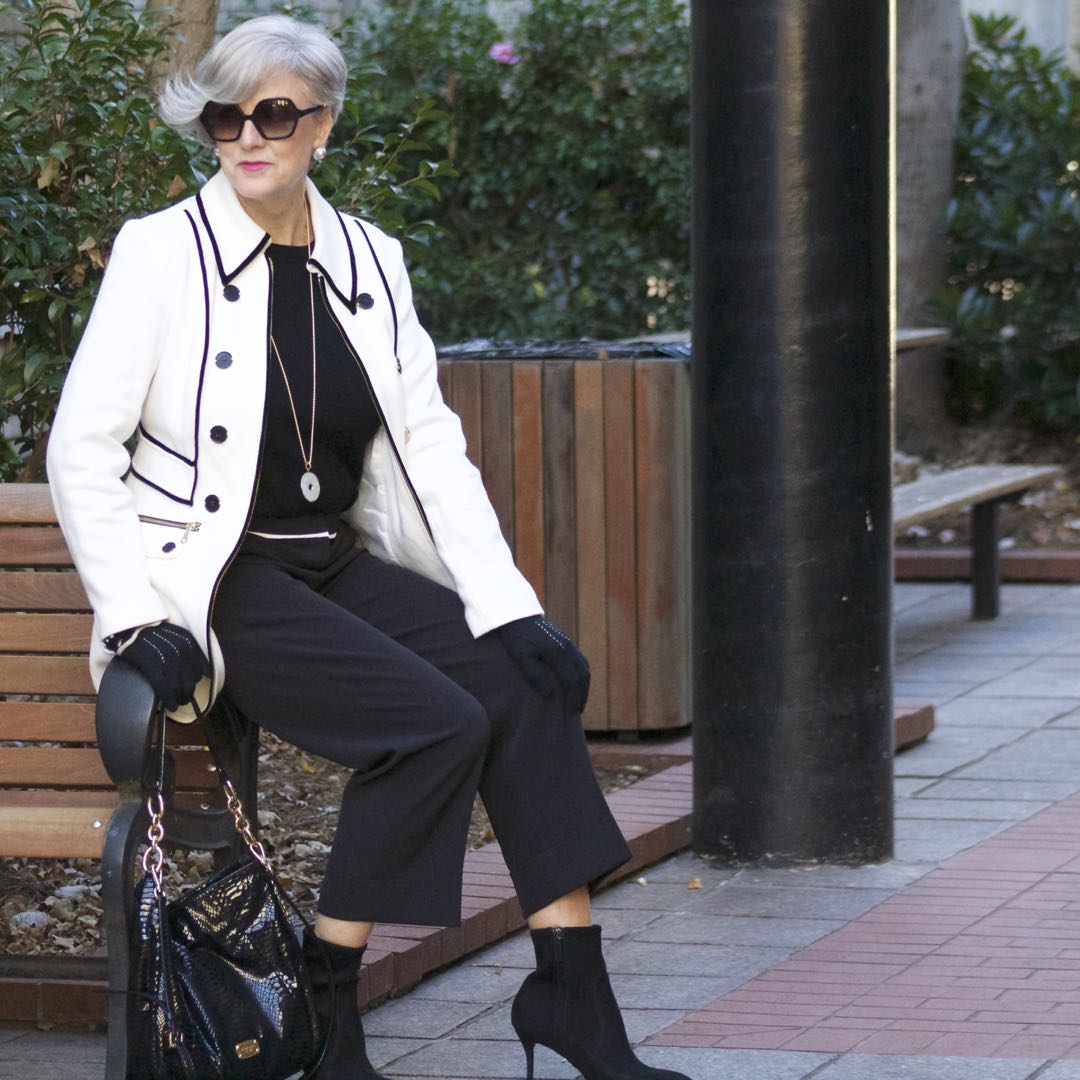 INC. coat, vince camuto black cropped pants, cashmere crewneck, sock booties