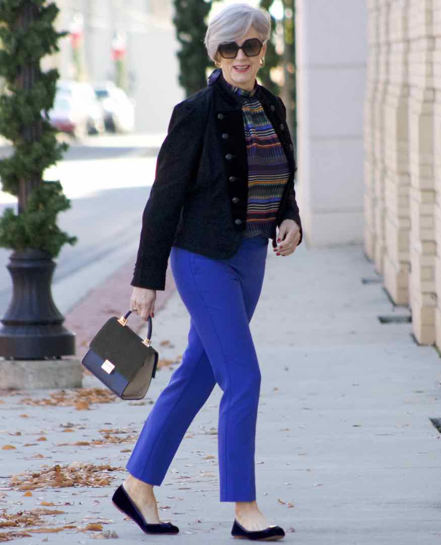 ralph lauren velvet jacket, loft cobalt blue pants, loft striped pants, kate spade velvet flats