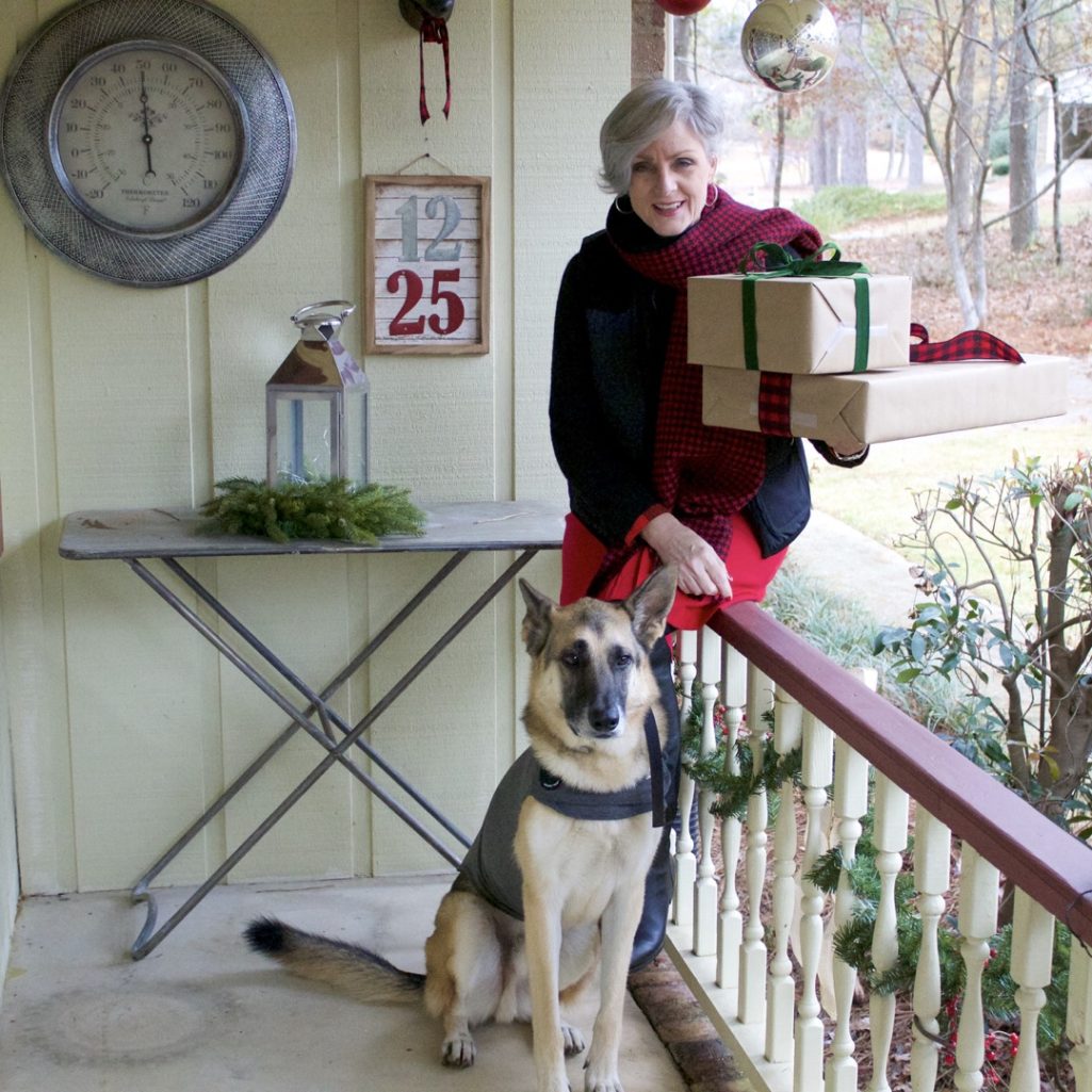 talbots red skirt, talbots cashmere crewneck, ralph lauren puffer vest, over the knee boots