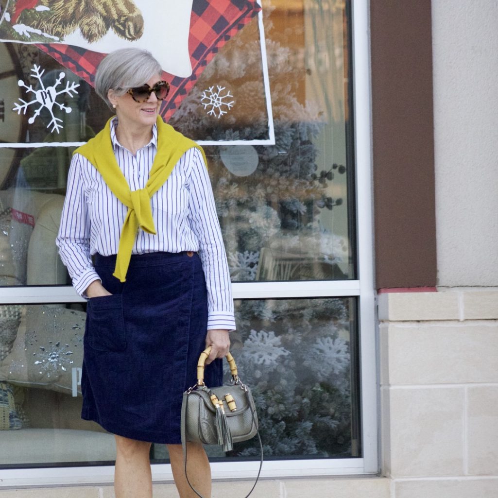 anthropologie skirt, madewell striped shirt, j.crew cashmere sweater, kate spade velvet ballet flats