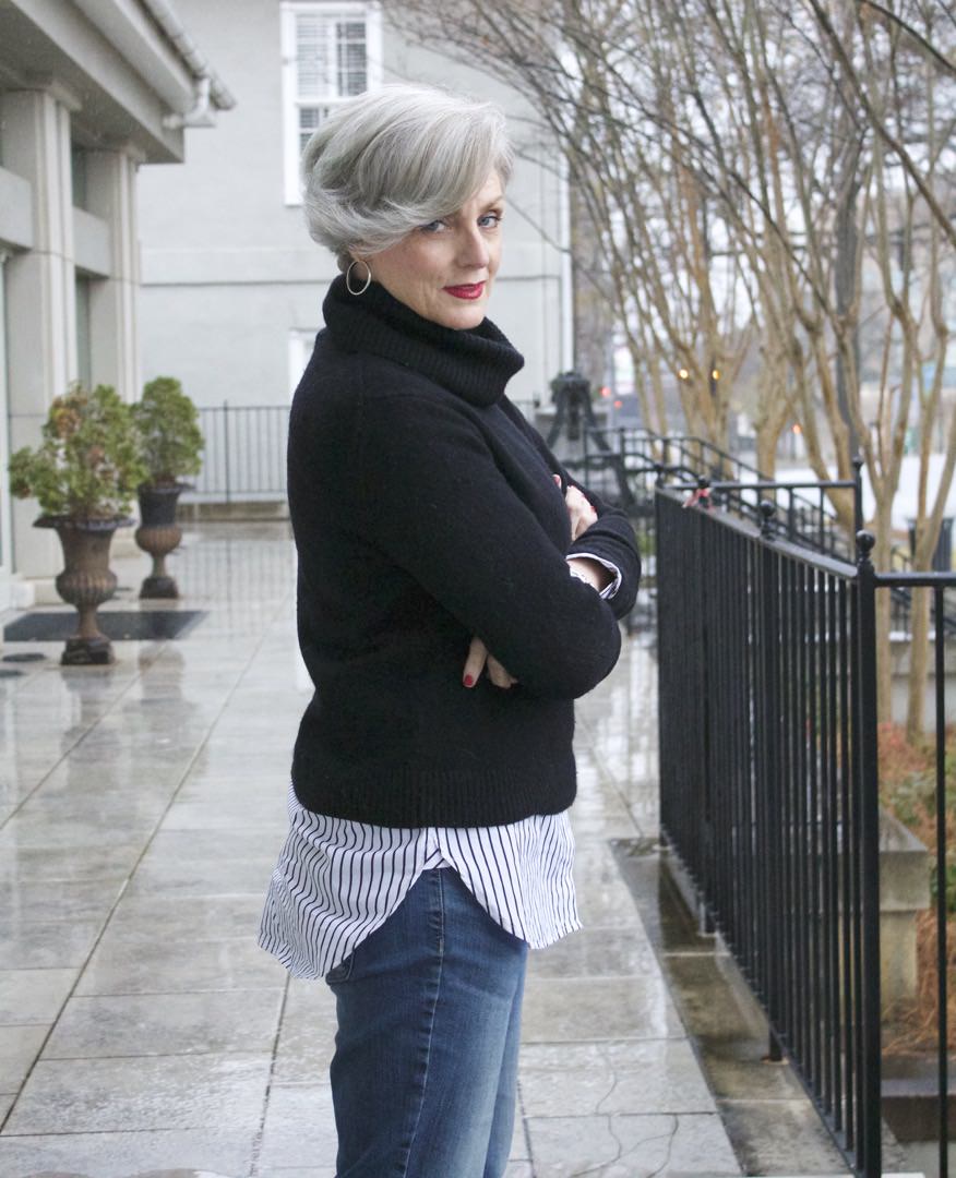 j.crew turtleneck, banana republic girlfriend jeans, tahari smoking slippers, talbots tweed handbag