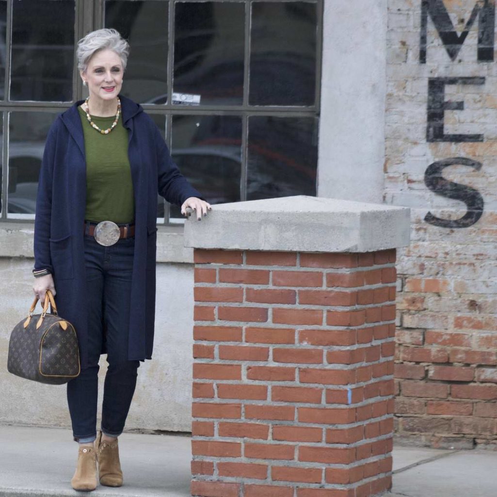 eileen fisher blue cotton duster, j.crew green slub cotton tee, j.crew classic wash toothpick jean, sam edelman grommet booties, louis vuitton speedy