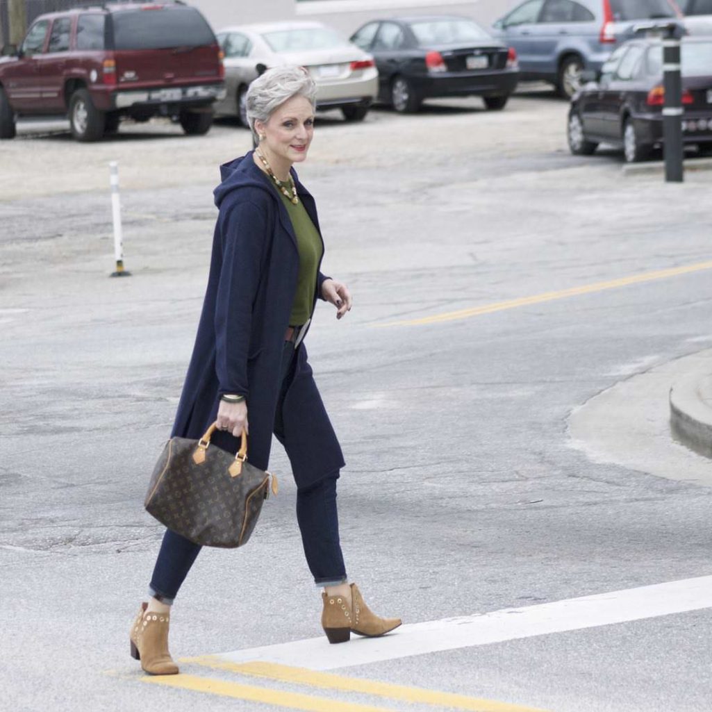 eileen fisher blue cotton duster, j.crew green slub cotton tee, j.crew classic wash toothpick jean, sam edelman grommet booties, louis vuitton speedy