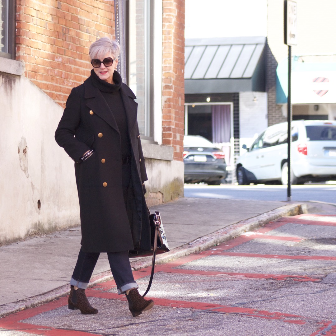 ralph lauren military coat, j.crew black turtleneck, talbots flawless five pocket, leopard chelsea boots